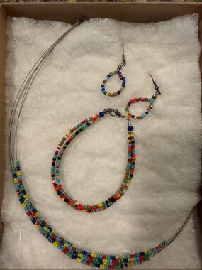 Multicolor Seed Bead Necklace, Bracelet & Earring Set